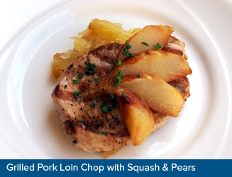 Grilled Pork Loin Chop with Spaghetti Squash and Roasted Pears